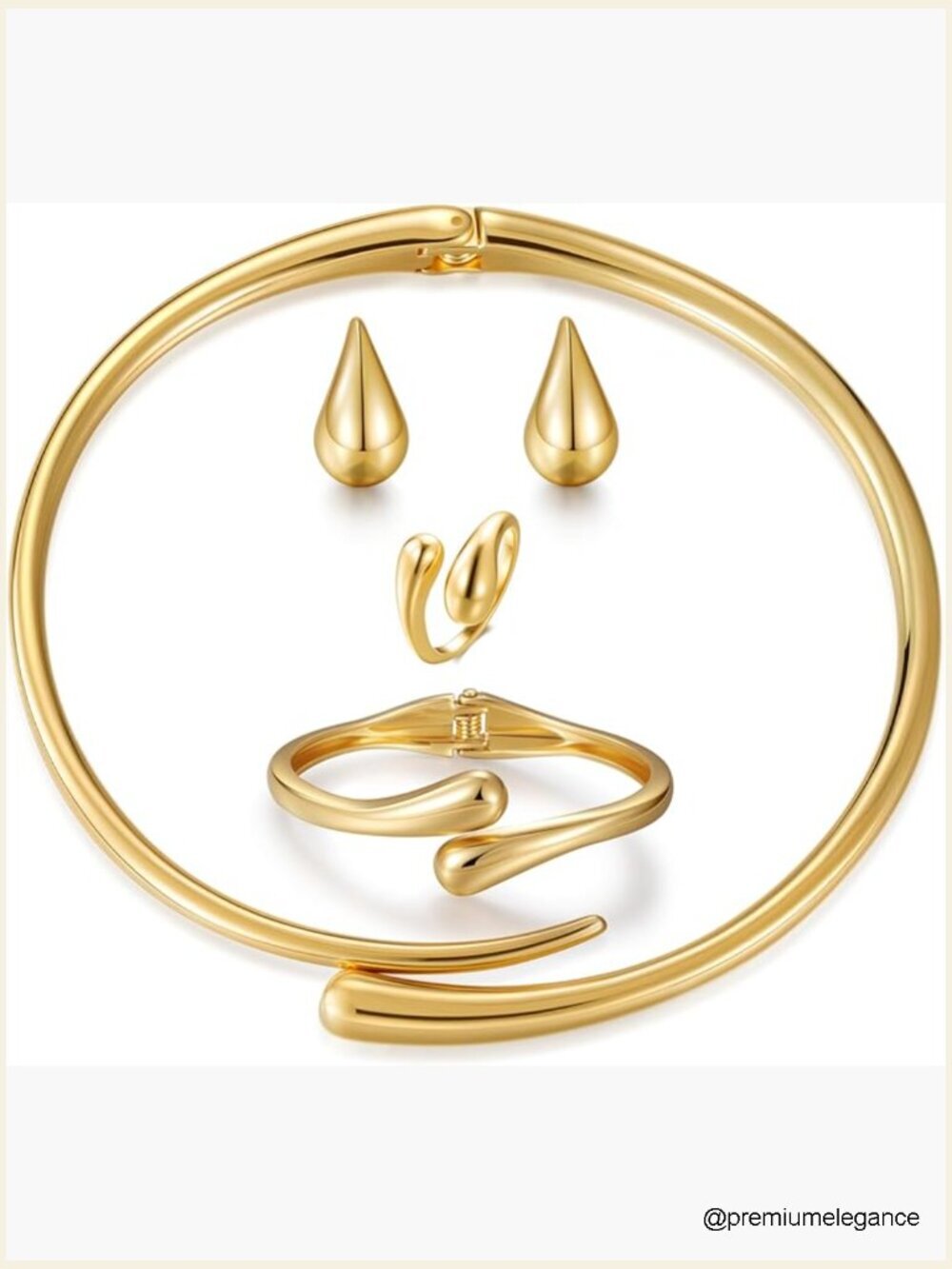 Statement Gold Jewelry Set - Teardrop Necklace Drop Earrings Ring Cuff Bracelet
